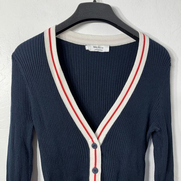 Bailey 44 Derosa Ribbed Deep V Neck Cardigan Size L Navy Preppy Dark Academia - Picture 3 of 6